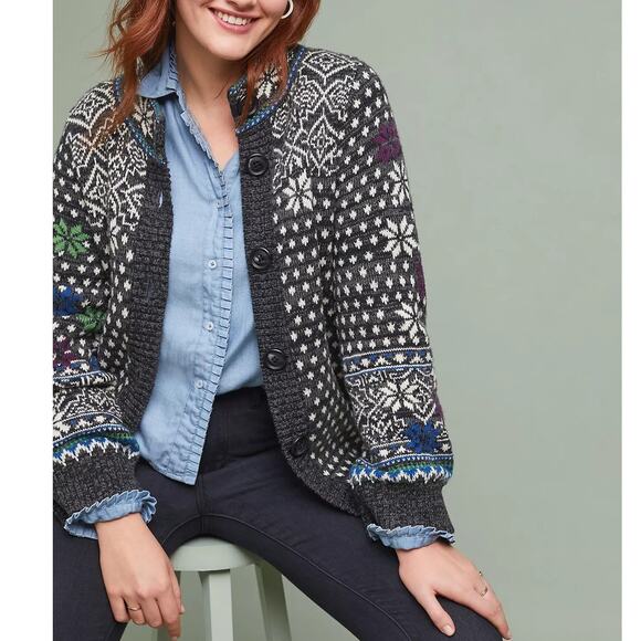 Anthropologie Rosie Neira Wool Blend Chunky Knit Nordic Long Cardigan Sweater - Picture 2 of 15